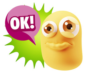 3d Rendering Sad Character Emoticon Expression saying OK with Co