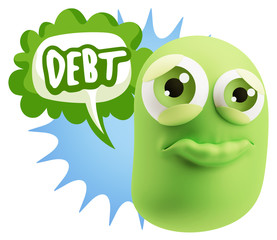 3d Rendering Sad Character Emoticon Expression saying Debt with