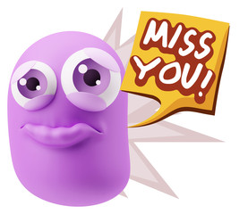 3d Rendering Sad Character Emoticon Expression saying Miss You w