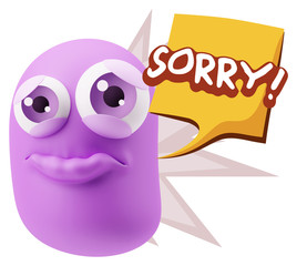 3d Rendering Sad Character Emoticon Expression saying Sorry with