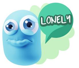 3d Rendering Sad Character Emoticon Expression saying Lonely wit