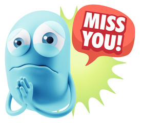 3d Rendering Sad Character Emoticon Expression saying Miss You w