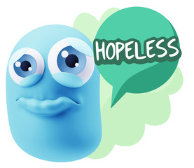 3d Rendering Sad Character Emoticon Expression saying Hopeless w
