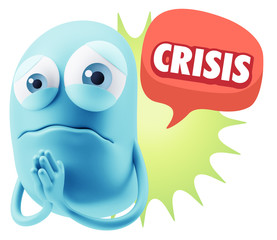 3d Rendering Sad Character Emoticon Expression saying Crisis wit