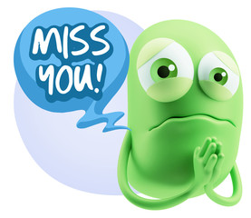 3d Rendering Sad Character Emoticon Expression saying Miss You w