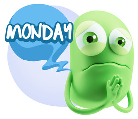 3d Rendering Sad Character Emoticon Expression saying Monday wit