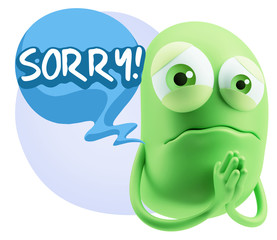 3d Rendering Sad Character Emoticon Expression saying Sorry with
