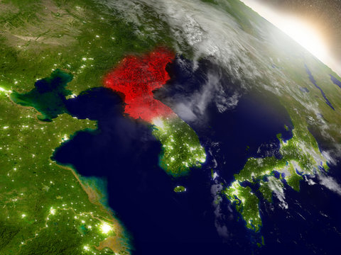 North Korea from space highlighted in red