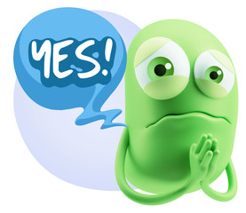 3d Rendering Sad Character Emoticon Expression saying Yes with C