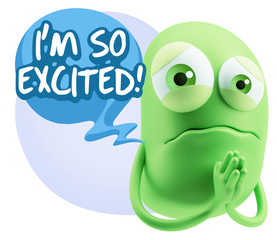 3d Rendering Sad Character Emoticon Expression saying I'm so Exc