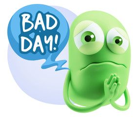 3d Rendering Sad Character Emoticon Expression saying Bad Day wi