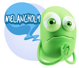 3d Rendering Sad Character Emoticon Expression saying Melancholy