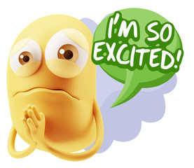 3d Rendering Sad Character Emoticon Expression saying I'm so Exc