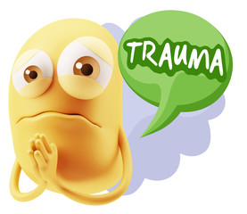 3d Rendering Sad Character Emoticon Expression saying Trauma wit