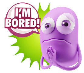 3d Rendering Sad Character Emoticon Expression saying I'm Bored