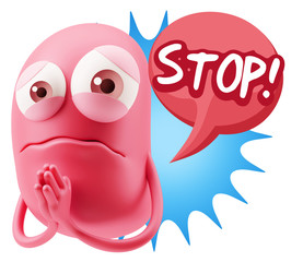 3d Rendering Sad Character Emoticon Expression saying Stop! with