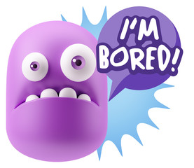 3d Rendering Sad Character Emoticon Expression saying I'm Bored