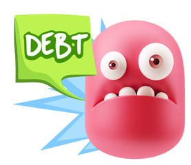 3d Rendering Sad Character Emoticon Expression saying Debt with