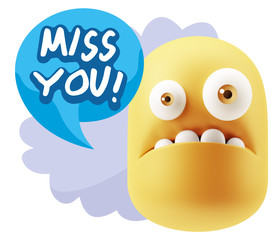 3d Rendering Sad Character Emoticon Expression saying Miss You w