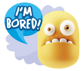 3d Rendering Sad Character Emoticon Expression saying I'm Bored