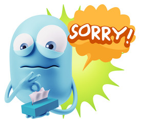 3d Rendering Sad Character Emoticon Expression saying Sorry with