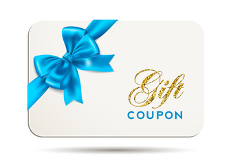 gift coupon / card with blue bow and luxurious golden glitter text