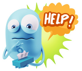 3d Rendering Sad Character Emoticon Expression saying Help! with