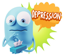 3d Rendering Sad Character Emoticon Expression saying Depression