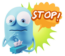 3d Rendering Sad Character Emoticon Expression saying Stop! with
