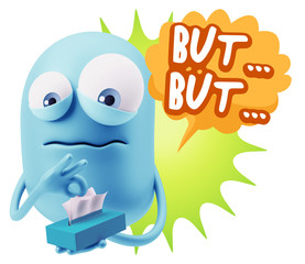 3d Rendering Sad Character Emoticon Expression saying But… wit