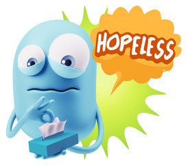 3d Rendering Sad Character Emoticon Expression saying Hopeless w
