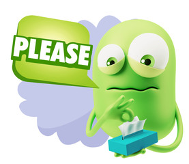 3d Rendering Sad Character Emoticon Expression saying Please wit