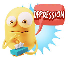 3d Rendering Sad Character Emoticon Expression saying Depression