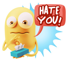 3d Rendering Sad Character Emoticon Expression saying Hate You w