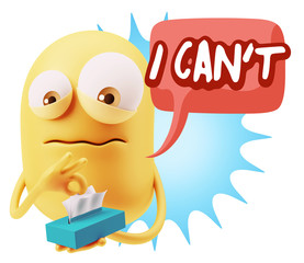 3d Rendering Sad Character Emoticon Expression saying I Can't wi