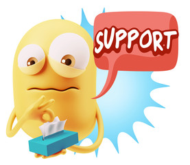 3d Rendering Sad Character Emoticon Expression saying Support wi