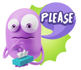 3d Rendering Sad Character Emoticon Expression saying Please wit