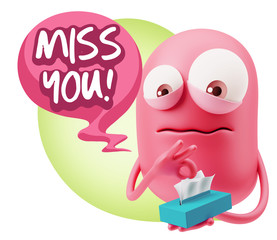 3d Rendering Sad Character Emoticon Expression saying Miss You w