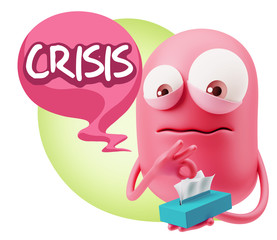 3d Rendering Sad Character Emoticon Expression saying Crisis wit