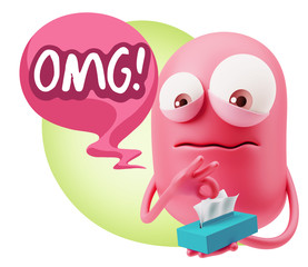 3d Rendering Sad Character Emoticon Expression saying OMG with C