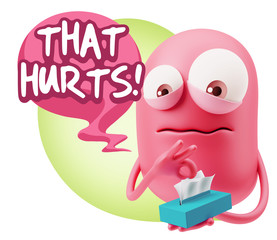 3d Rendering Sad Character Emoticon Expression saying That Hurts