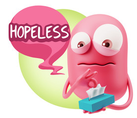 3d Rendering Sad Character Emoticon Expression saying Hopeless w