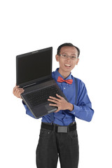 Nerd man holding laptop