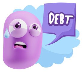 3d Rendering Sad Character Emoticon Expression saying Debt with