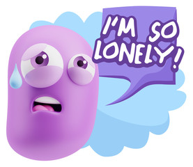 3d Rendering Sad Character Emoticon Expression saying I'm so Lon