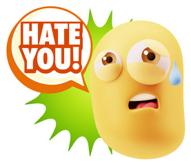 3d Rendering Sad Character Emoticon Expression saying Hate You w