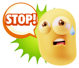 3d Rendering Sad Character Emoticon Expression saying Stop! with