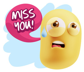 3d Rendering Sad Character Emoticon Expression saying Miss You w