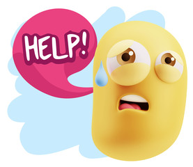 3d Rendering Sad Character Emoticon Expression saying Help! with