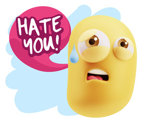 3d Rendering Sad Character Emoticon Expression saying Hate You w
